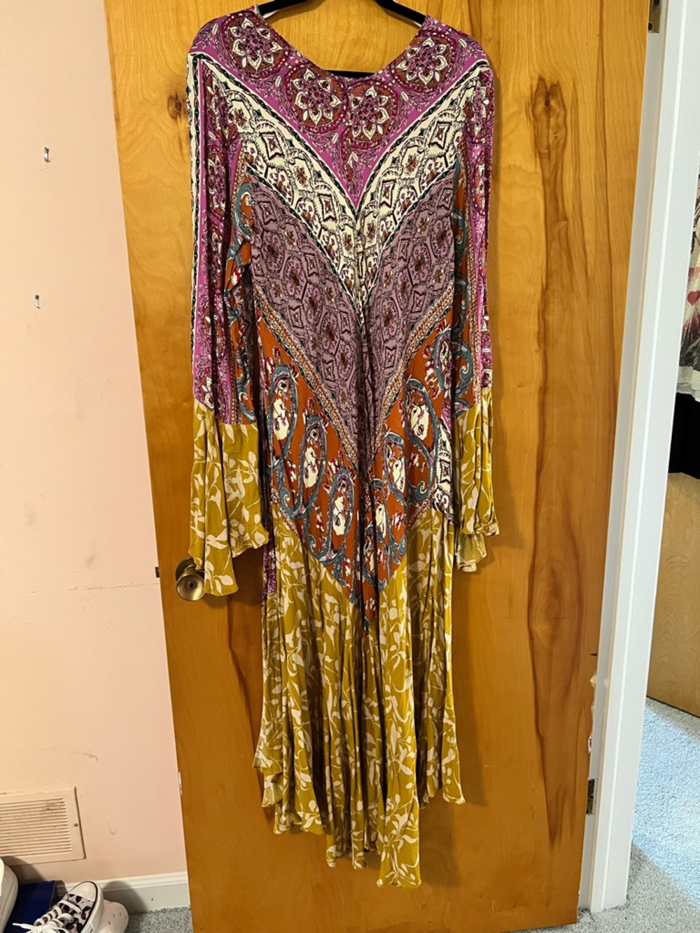 Umgee Mixed-Print Long Sleeve Maxi Duster Kimono in Purple and Mustard - Picture 4 of 6